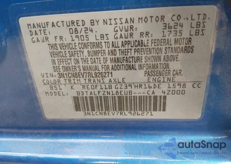 2024 Nissan Versa 1.6 Sv из США, поврежденный, VIN 3N1CN8EV7RL926271